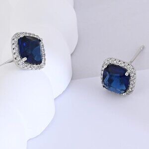Women's Blue Crystal Sterling Sparkling Square Cubic Zirconia Stud Earring